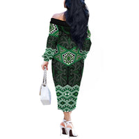 New Zealand Aotearoa Off The Shoulder Long Sleeve Dress Green Taniko Art Maori Pattern