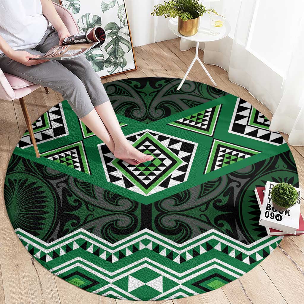 New Zealand Aotearoa Round Carpet Green Taniko Art Maori Pattern LT05 - Polynesian Pride