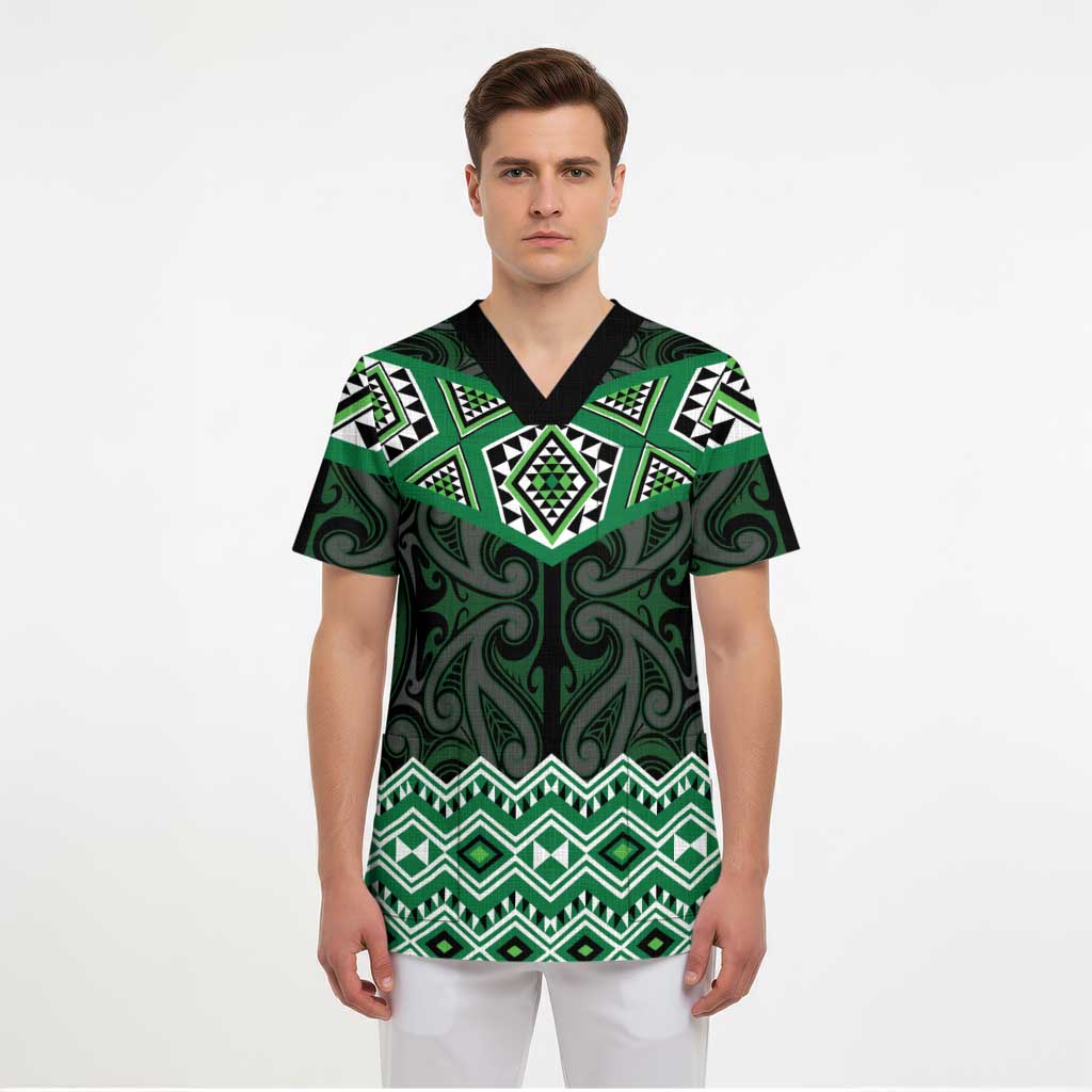 New Zealand Aotearoa Scrub Top Green Taniko Art Maori Pattern - Polynesian Pride