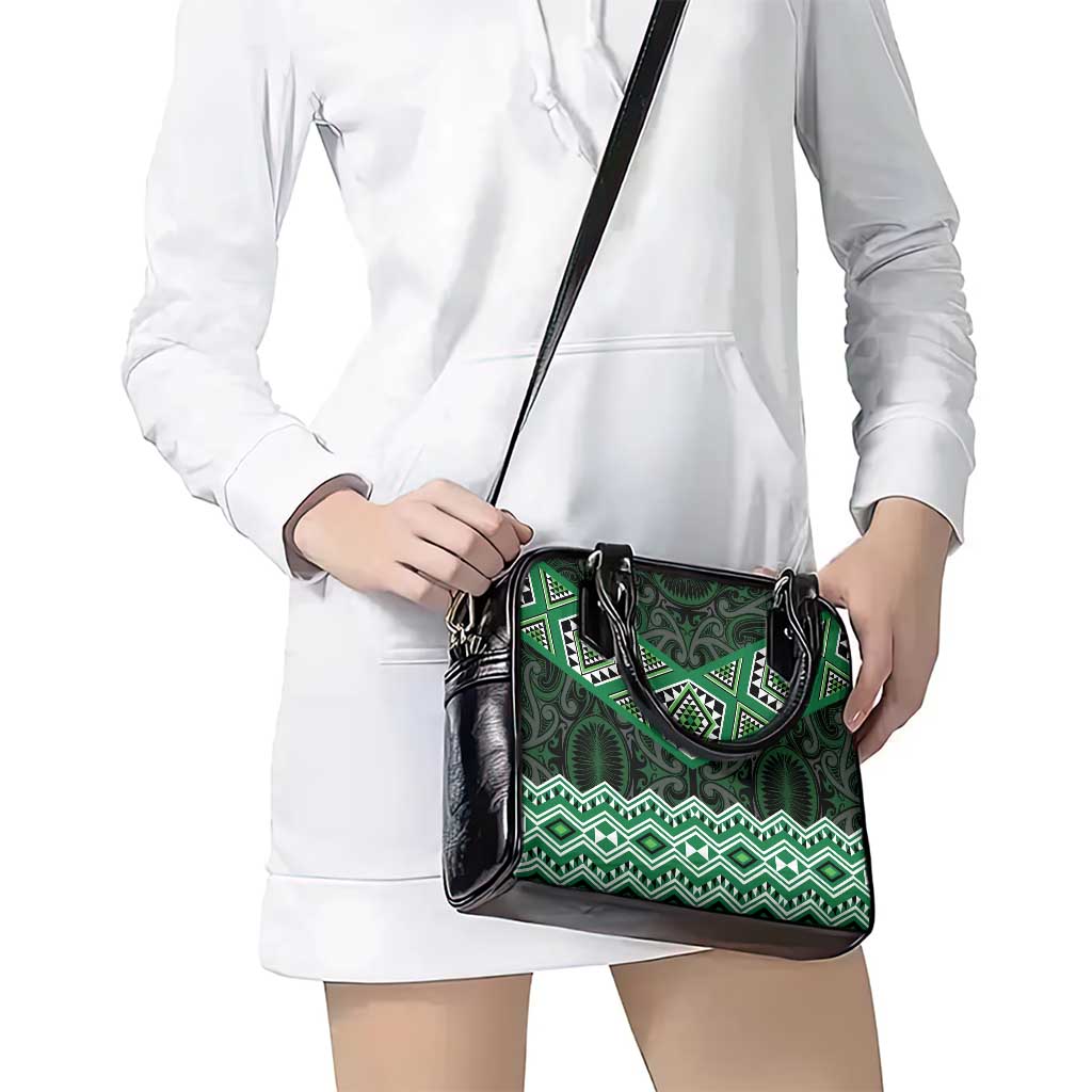 New Zealand Aotearoa Shoulder Handbag Green Taniko Art Maori Pattern
