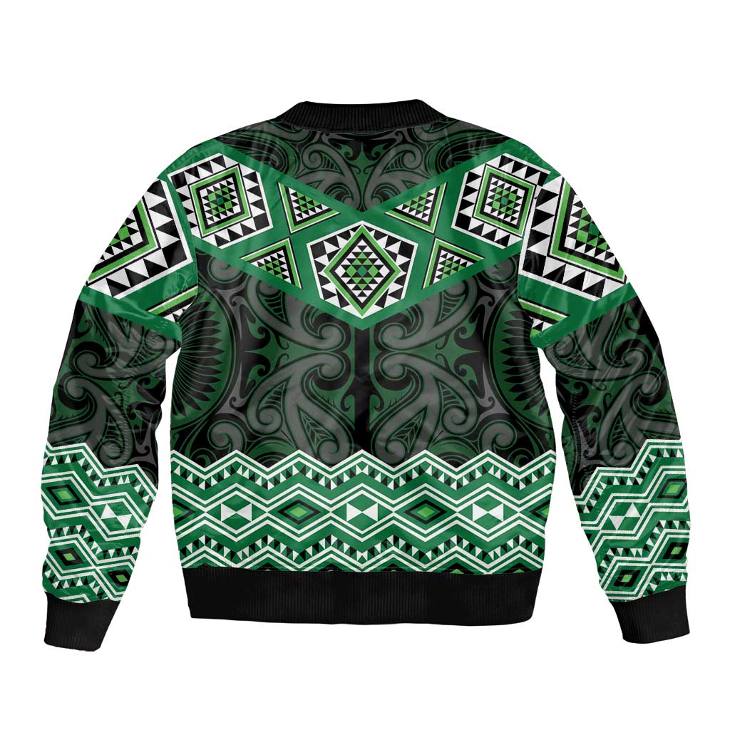 New Zealand Aotearoa Sleeve Zip Bomber Jacket Green Taniko Art Maori Pattern