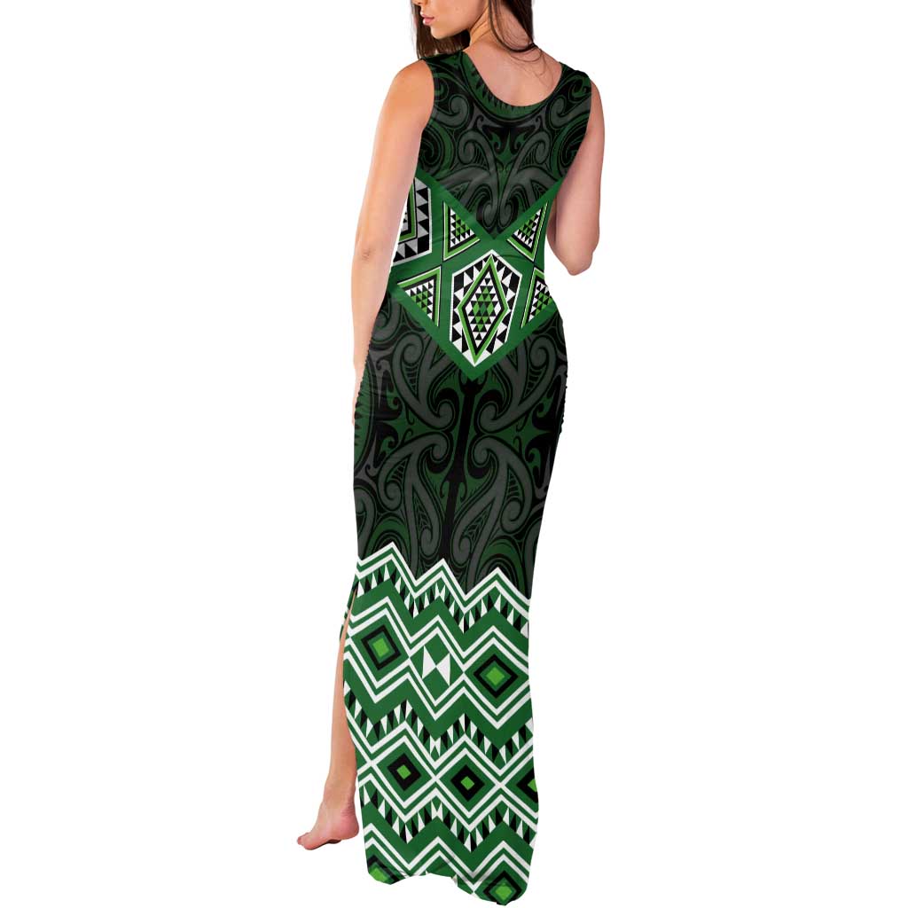 New Zealand Aotearoa Tank Maxi Dress Green Taniko Art Maori Pattern