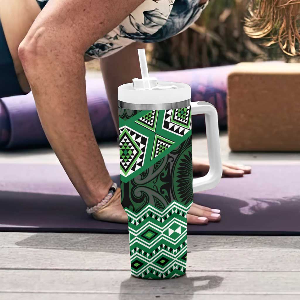 New Zealand Aotearoa Tumbler With Handle Green Taniko Art Maori Pattern