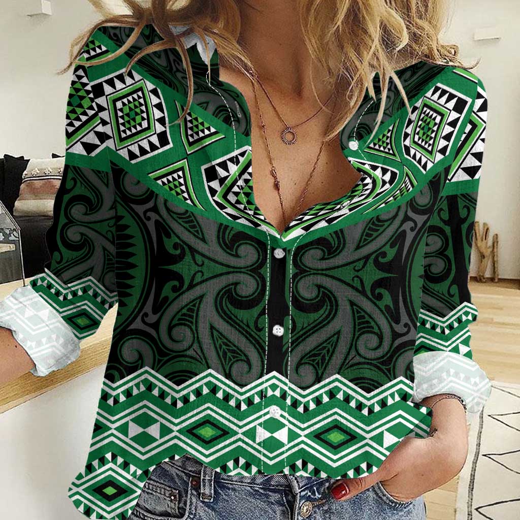 New Zealand Aotearoa Women Casual Shirt Green Taniko Art Maori Pattern LT05 Female Green - Polynesian Pride