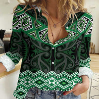 New Zealand Aotearoa Women Casual Shirt Green Taniko Art Maori Pattern LT05 Female Green - Polynesian Pride