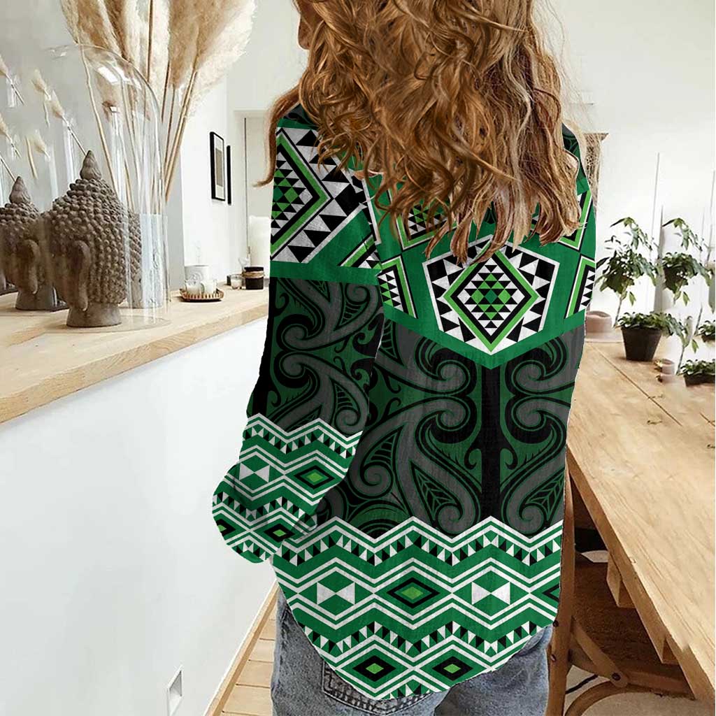 New Zealand Aotearoa Women Casual Shirt Green Taniko Art Maori Pattern LT05 - Polynesian Pride