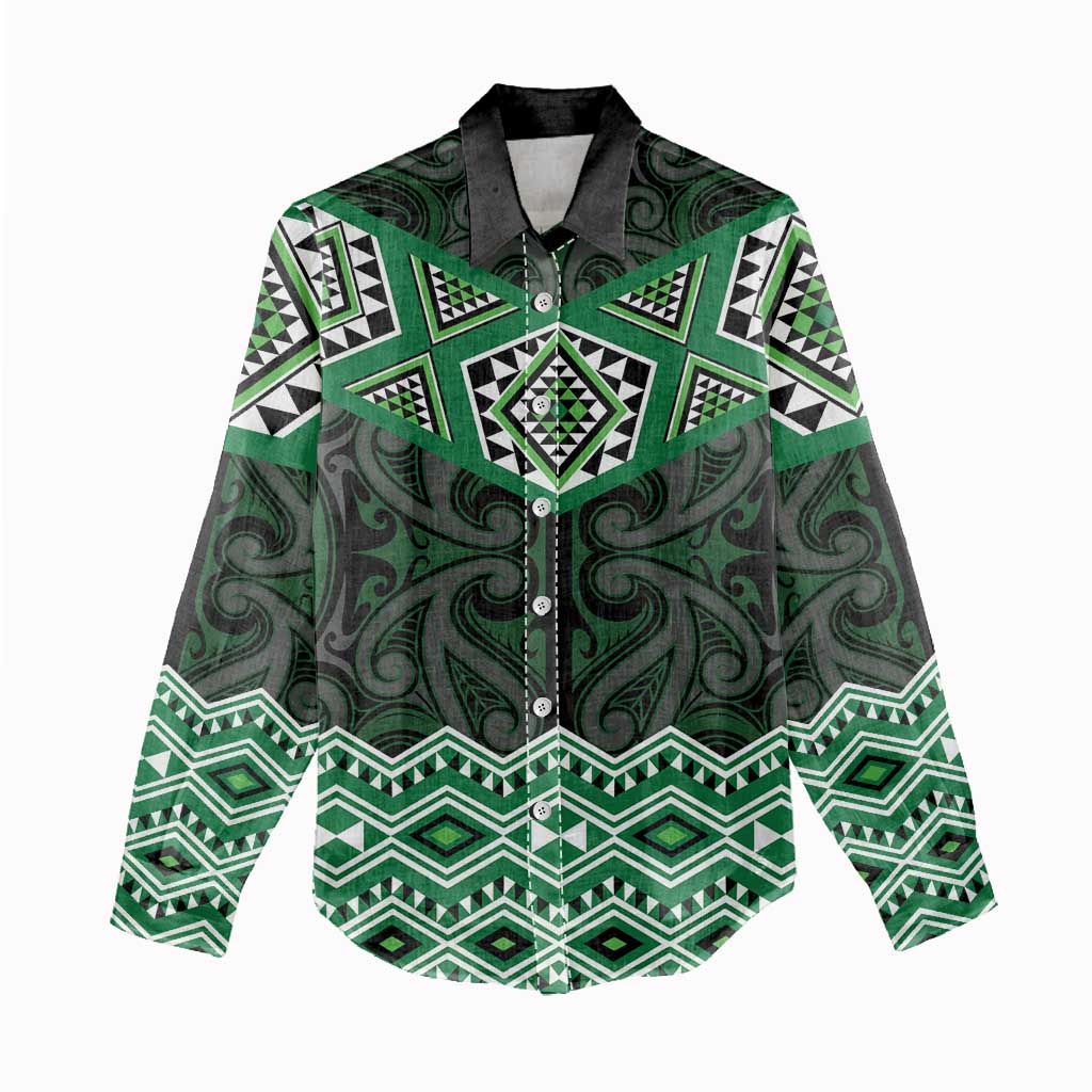New Zealand Aotearoa Women Casual Shirt Green Taniko Art Maori Pattern LT05 - Polynesian Pride