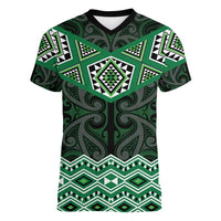 New Zealand Aotearoa Women V-Neck T-Shirt Green Taniko Art Maori Pattern LT05 Female Green - Polynesian Pride