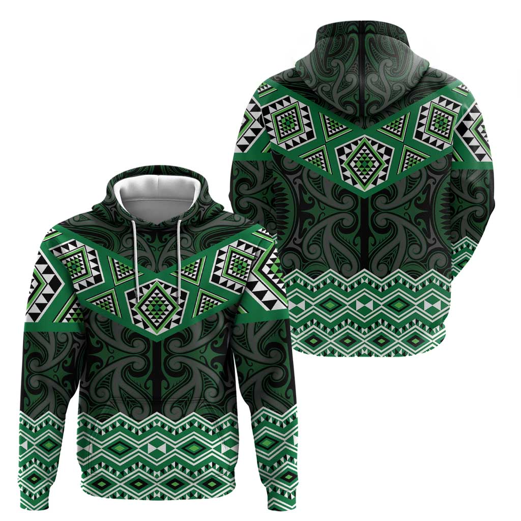 New Zealand Aotearoa Zip Hoodie Green Taniko Art Maori Pattern