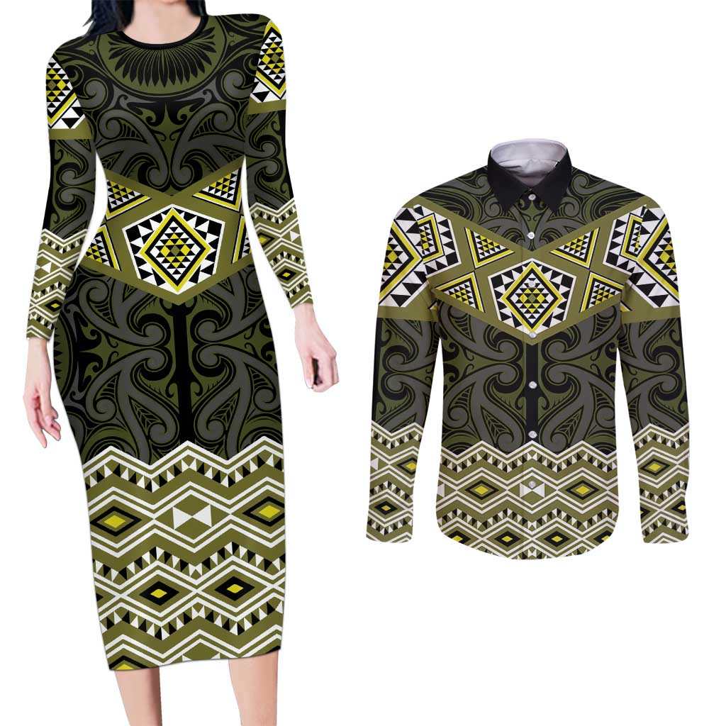 New Zealand Aotearoa Couples Matching Long Sleeve Bodycon Dress and Long Sleeve Button Shirt Yellow Taniko Art Maori Pattern LT05 Yellow - Polynesian Pride