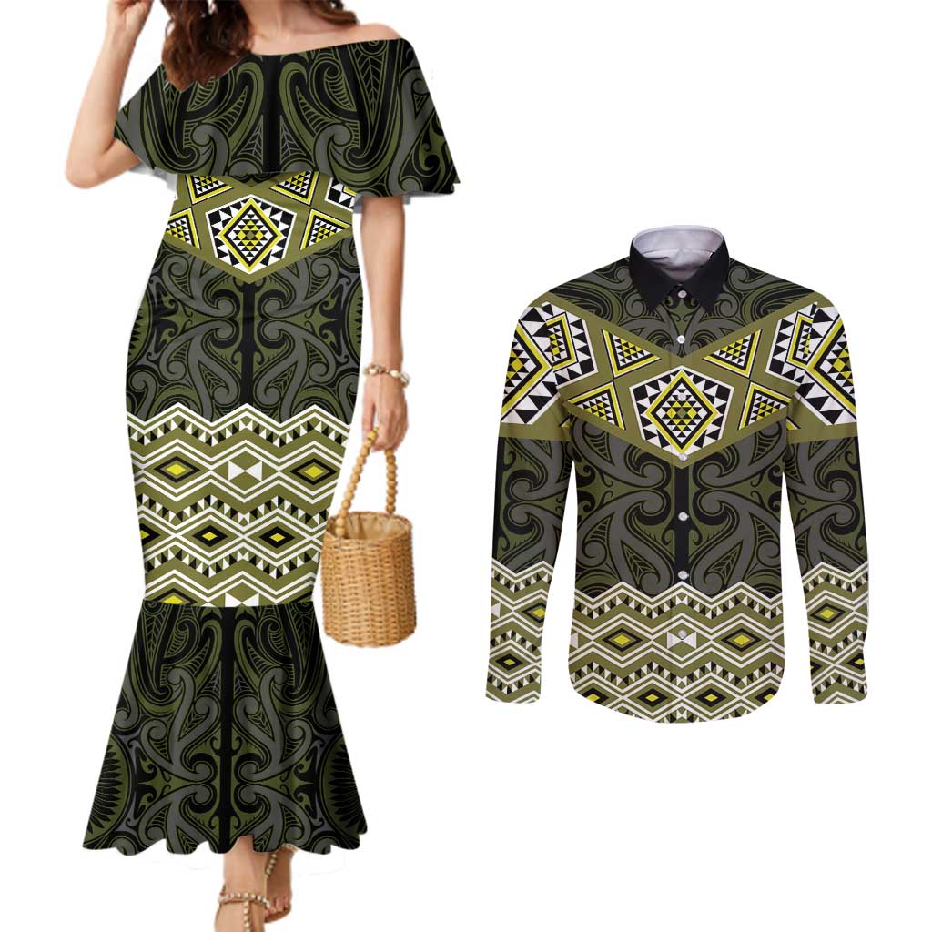 New Zealand Aotearoa Couples Matching Mermaid Dress and Long Sleeve Button Shirt Yellow Taniko Art Maori Pattern LT05 Yellow - Polynesian Pride