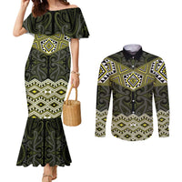 New Zealand Aotearoa Couples Matching Mermaid Dress and Long Sleeve Button Shirt Yellow Taniko Art Maori Pattern LT05 Yellow - Polynesian Pride