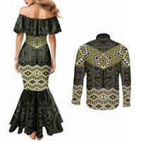 New Zealand Aotearoa Couples Matching Mermaid Dress and Long Sleeve Button Shirt Yellow Taniko Art Maori Pattern LT05 - Polynesian Pride