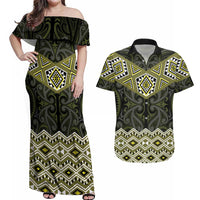 New Zealand Aotearoa Couples Matching Off Shoulder Maxi Dress and Hawaiian Shirt Yellow Taniko Art Maori Pattern LT05 Yellow - Polynesian Pride