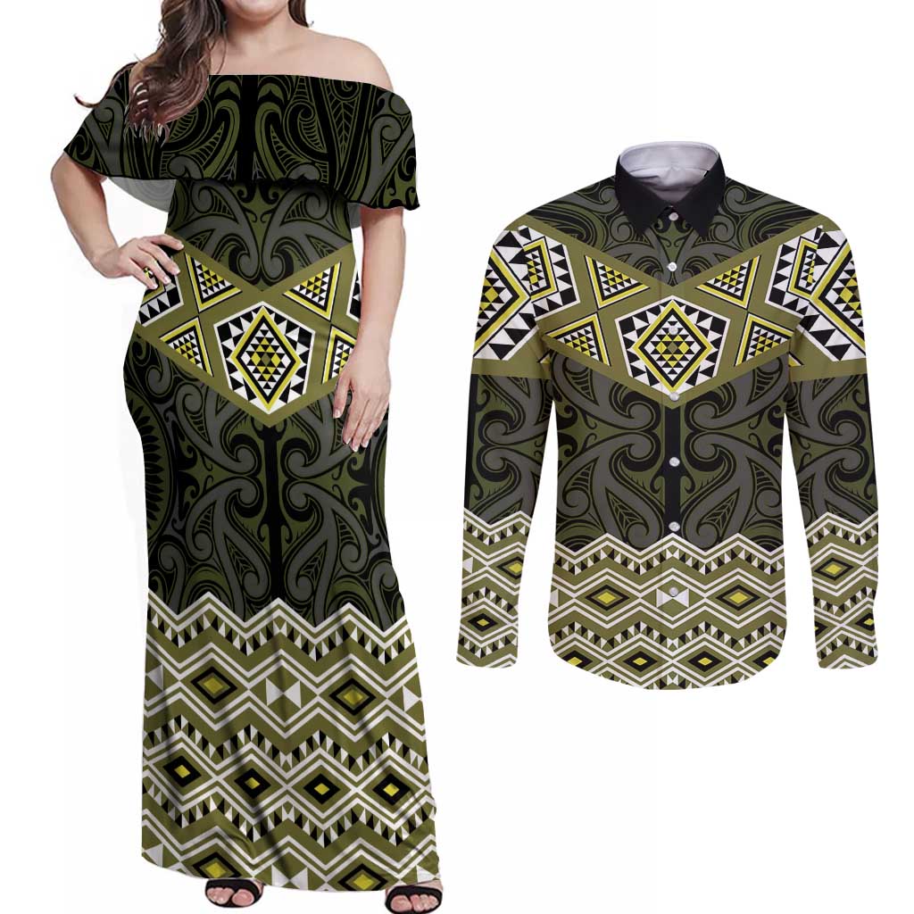 New Zealand Aotearoa Couples Matching Off Shoulder Maxi Dress and Long Sleeve Button Shirt Yellow Taniko Art Maori Pattern LT05 Yellow - Polynesian Pride