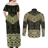 New Zealand Aotearoa Couples Matching Off Shoulder Maxi Dress and Long Sleeve Button Shirt Yellow Taniko Art Maori Pattern LT05 - Polynesian Pride