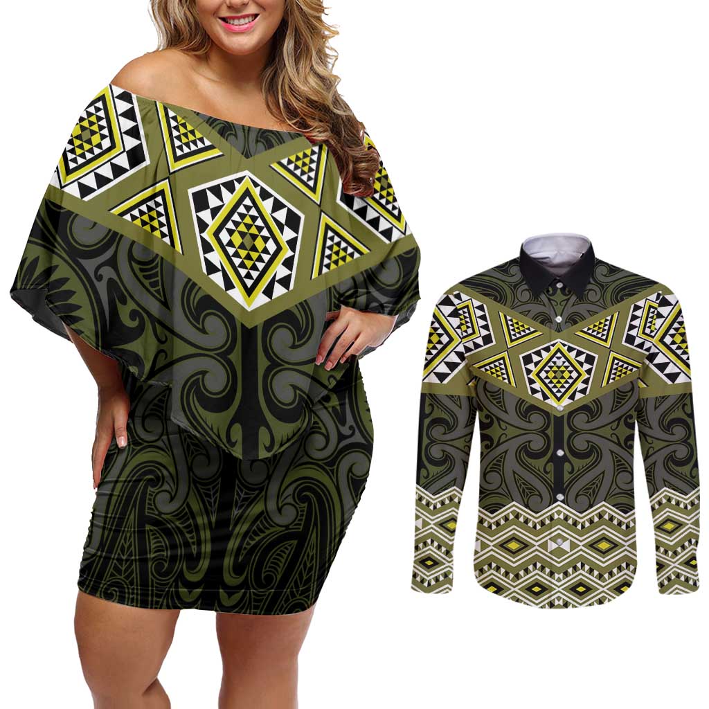 New Zealand Aotearoa Couples Matching Off Shoulder Short Dress and Long Sleeve Button Shirt Yellow Taniko Art Maori Pattern LT05 Yellow - Polynesian Pride