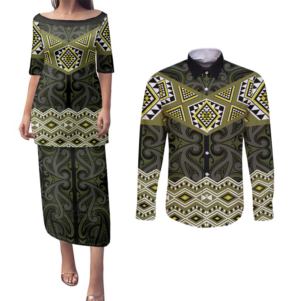 New Zealand Aotearoa Couples Matching Puletasi and Long Sleeve Button Shirt Yellow Taniko Art Maori Pattern LT05 Yellow - Polynesian Pride