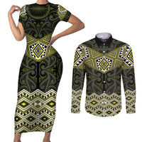 New Zealand Aotearoa Couples Matching Short Sleeve Bodycon Dress and Long Sleeve Button Shirt Yellow Taniko Art Maori Pattern LT05 Yellow - Polynesian Pride