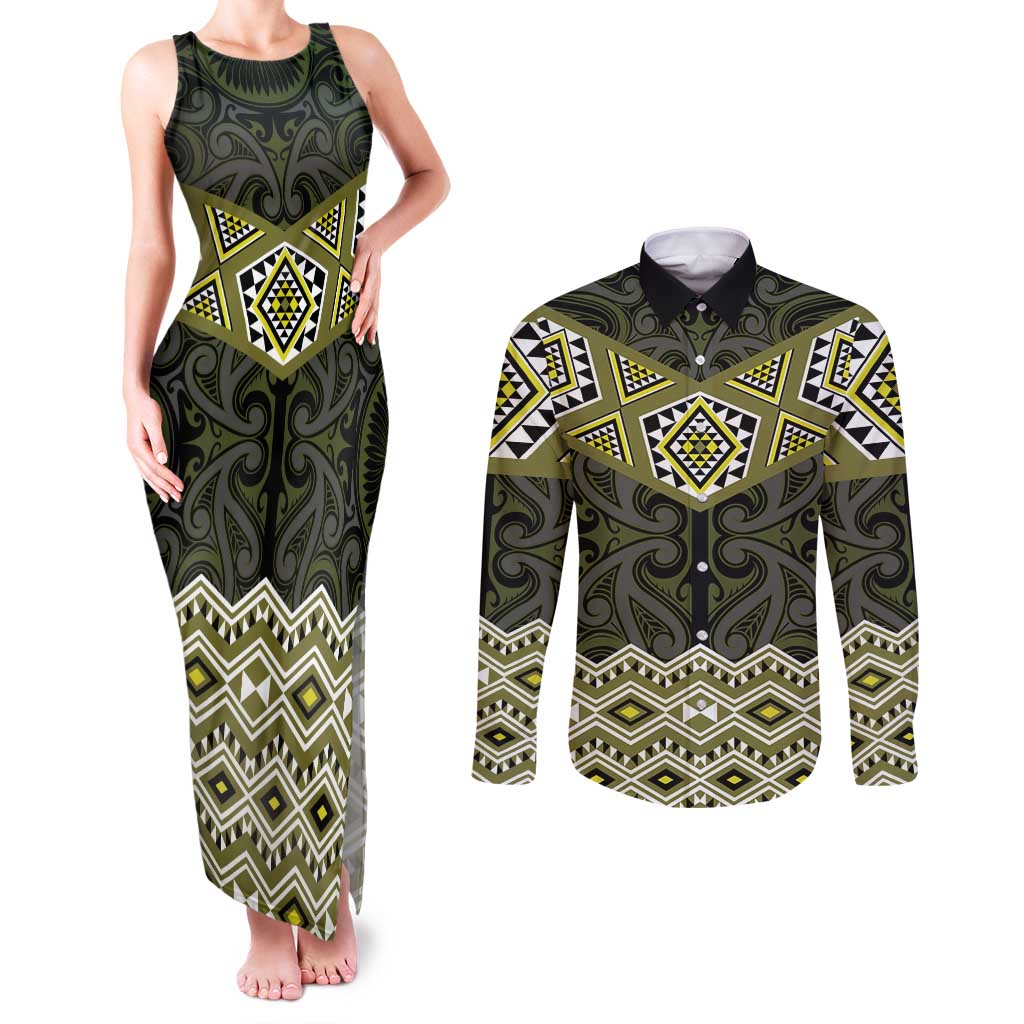 New Zealand Aotearoa Couples Matching Tank Maxi Dress and Long Sleeve Button Shirt Yellow Taniko Art Maori Pattern LT05 Yellow - Polynesian Pride