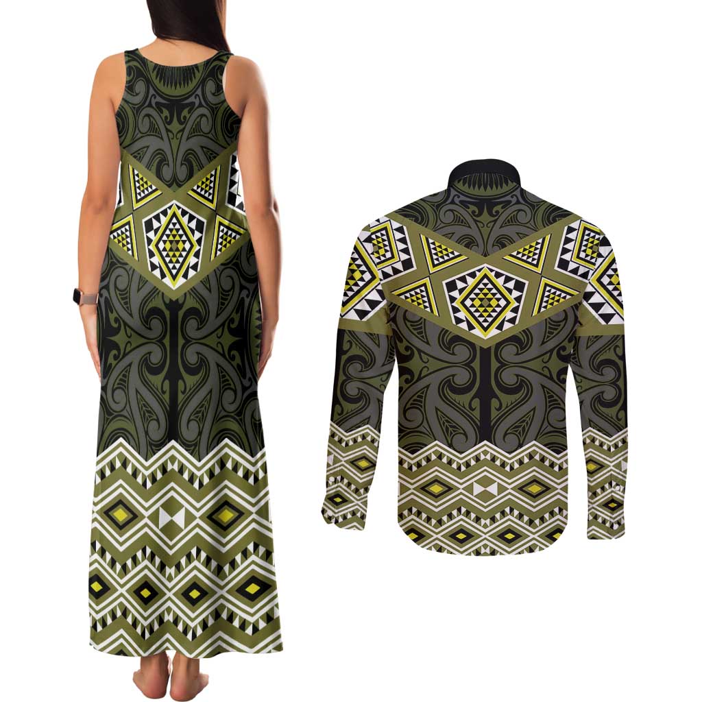 New Zealand Aotearoa Couples Matching Tank Maxi Dress and Long Sleeve Button Shirt Yellow Taniko Art Maori Pattern LT05 - Polynesian Pride