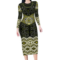New Zealand Aotearoa Family Matching Long Sleeve Bodycon Dress and Hawaiian Shirt Yellow Taniko Art Maori Pattern LT05 Mom's Dress Yellow - Polynesian Pride