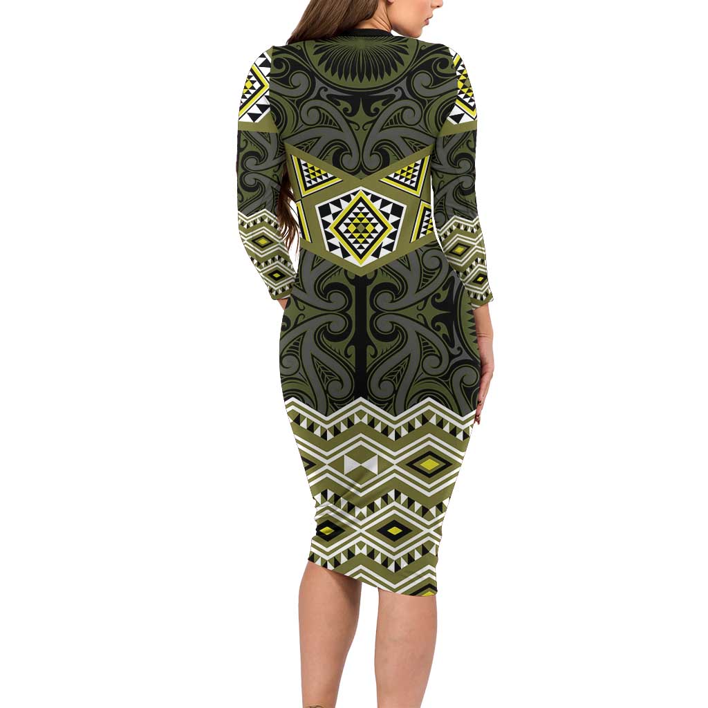 New Zealand Aotearoa Family Matching Long Sleeve Bodycon Dress and Hawaiian Shirt Yellow Taniko Art Maori Pattern LT05 - Polynesian Pride