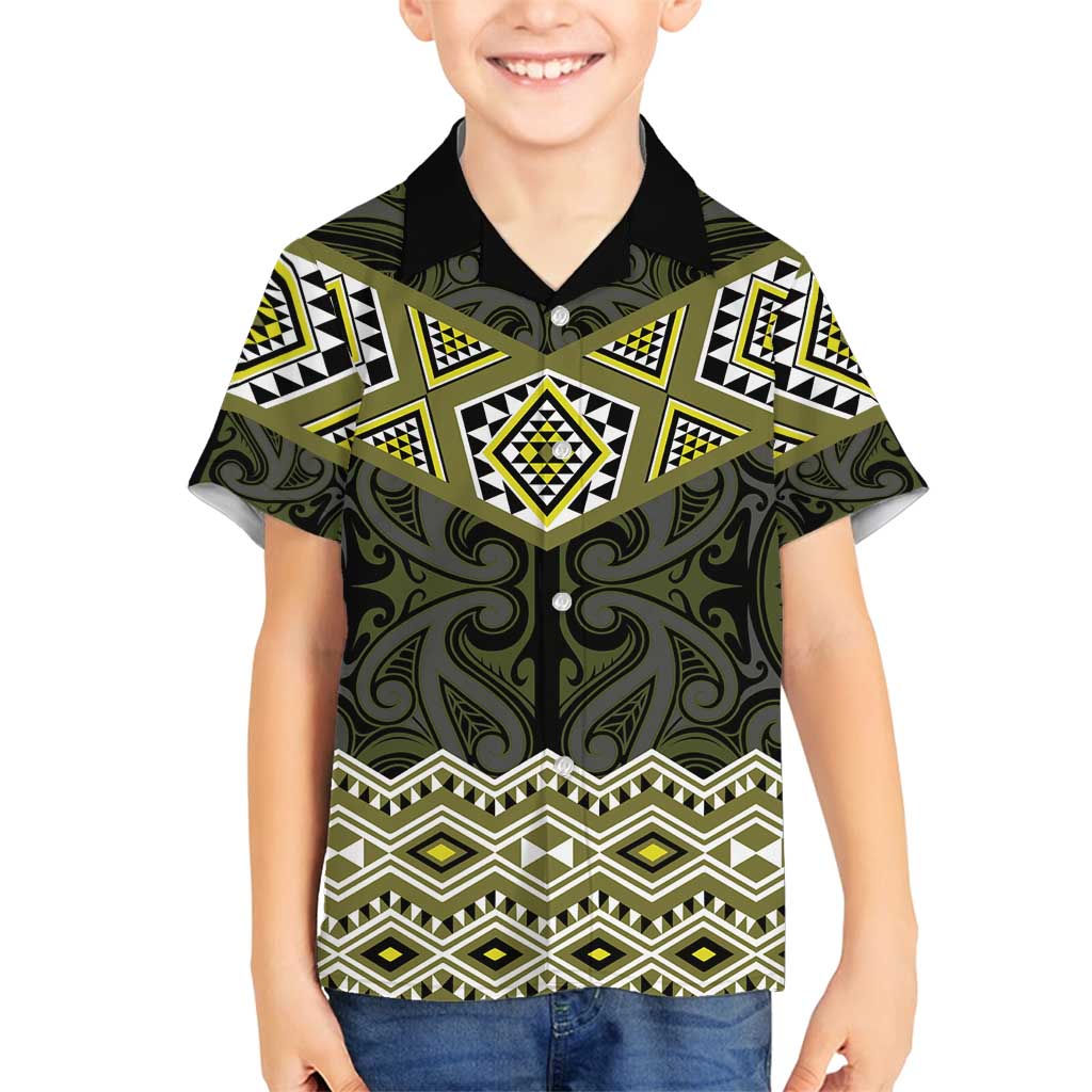New Zealand Aotearoa Family Matching Long Sleeve Bodycon Dress and Hawaiian Shirt Yellow Taniko Art Maori Pattern LT05 Son's Shirt Yellow - Polynesian Pride