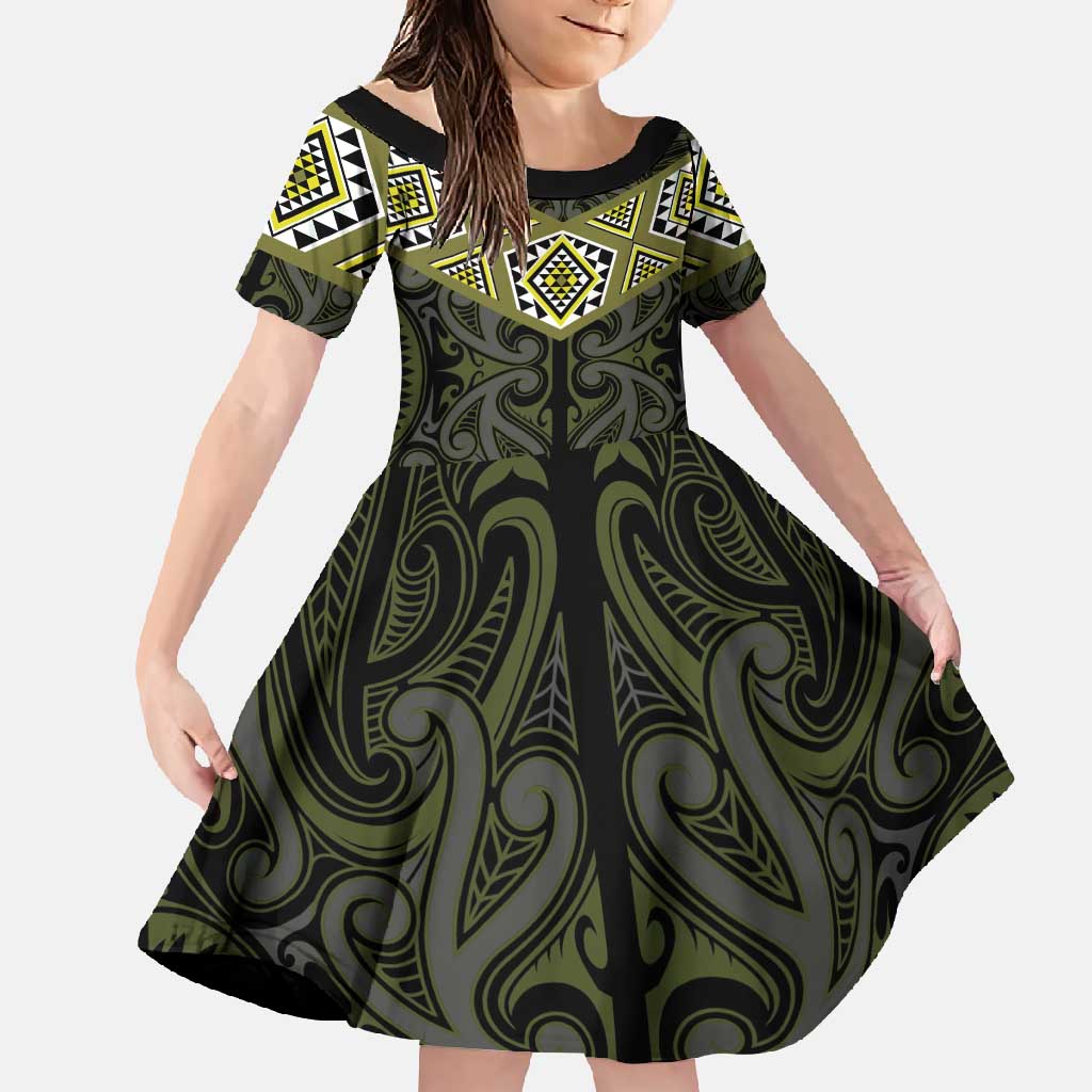 New Zealand Aotearoa Family Matching Off Shoulder Maxi Dress and Hawaiian Shirt Yellow Taniko Art Maori Pattern LT05 Daughter's Dress Yellow - Polynesian Pride