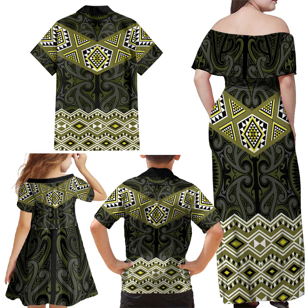 New Zealand Aotearoa Family Matching Off Shoulder Maxi Dress and Hawaiian Shirt Yellow Taniko Art Maori Pattern LT05 - Polynesian Pride