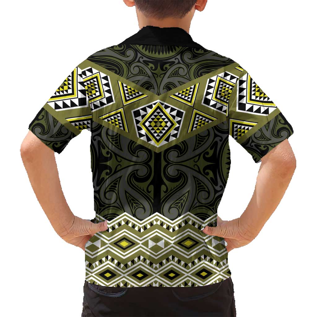 New Zealand Aotearoa Family Matching Off Shoulder Short Dress and Hawaiian Shirt Yellow Taniko Art Maori Pattern LT05 - Polynesian Pride