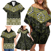 New Zealand Aotearoa Family Matching Off Shoulder Short Dress and Hawaiian Shirt Yellow Taniko Art Maori Pattern LT05 - Polynesian Pride