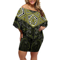 New Zealand Aotearoa Family Matching Off Shoulder Short Dress and Hawaiian Shirt Yellow Taniko Art Maori Pattern LT05 Mom's Dress Yellow - Polynesian Pride