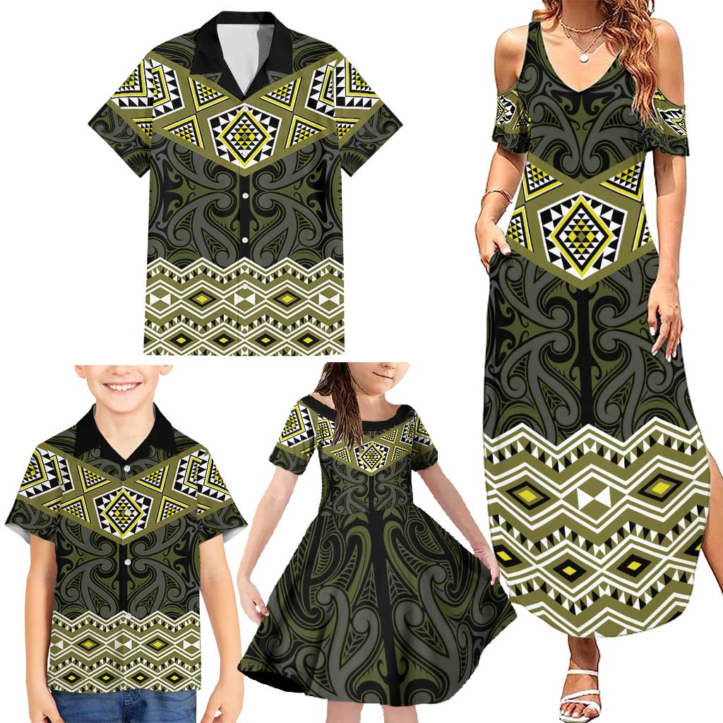 New Zealand Aotearoa Family Matching Summer Maxi Dress and Hawaiian Shirt Yellow Taniko Art Maori Pattern LT05 - Polynesian Pride