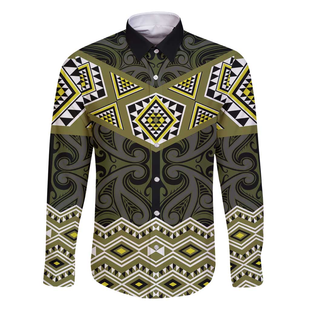 New Zealand Aotearoa Family Matching Summer Maxi Dress and Hawaiian Shirt Yellow Taniko Art Maori Pattern LT05 Dad's Shirt - Long Sleeve Yellow - Polynesian Pride