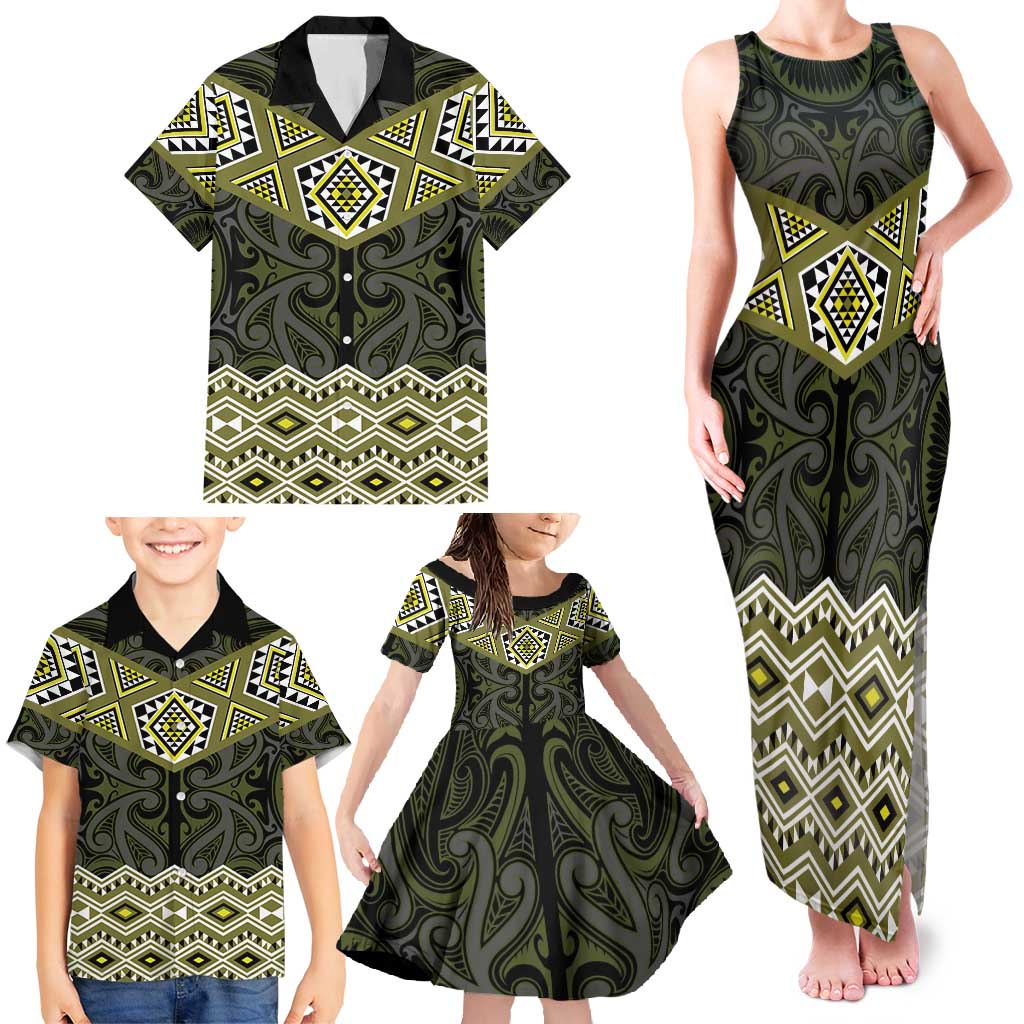 New Zealand Aotearoa Family Matching Tank Maxi Dress and Hawaiian Shirt Yellow Taniko Art Maori Pattern LT05 - Polynesian Pride