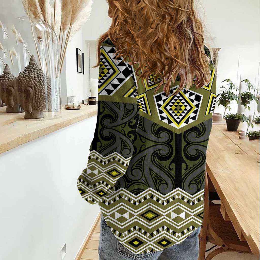 New Zealand Aotearoa Women Casual Shirt Yellow Taniko Art Maori Pattern LT05 - Polynesian Pride