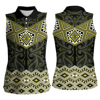 New Zealand Aotearoa Women Sleeveless Polo Shirt Yellow Taniko Art Maori Pattern