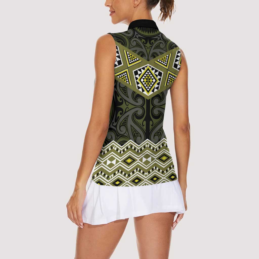 New Zealand Aotearoa Women Sleeveless Polo Shirt Yellow Taniko Art Maori Pattern
