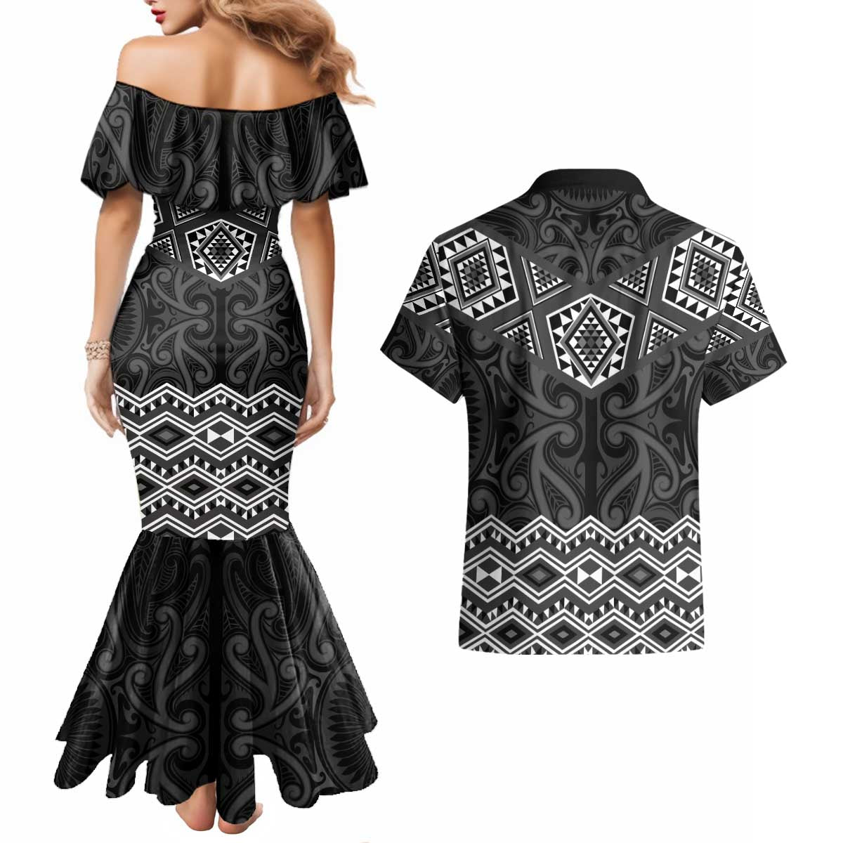 New Zealand Aotearoa Couples Matching Mermaid Dress and Hawaiian Shirt Black Taniko Art Maori Pattern LT05 - Polynesian Pride