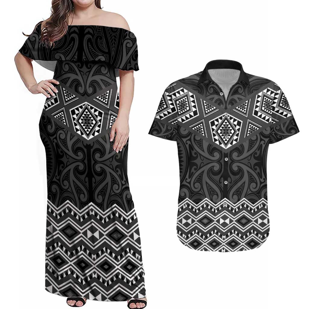 New Zealand Aotearoa Couples Matching Off Shoulder Maxi Dress and Hawaiian Shirt Black Taniko Art Maori Pattern LT05 Black - Polynesian Pride