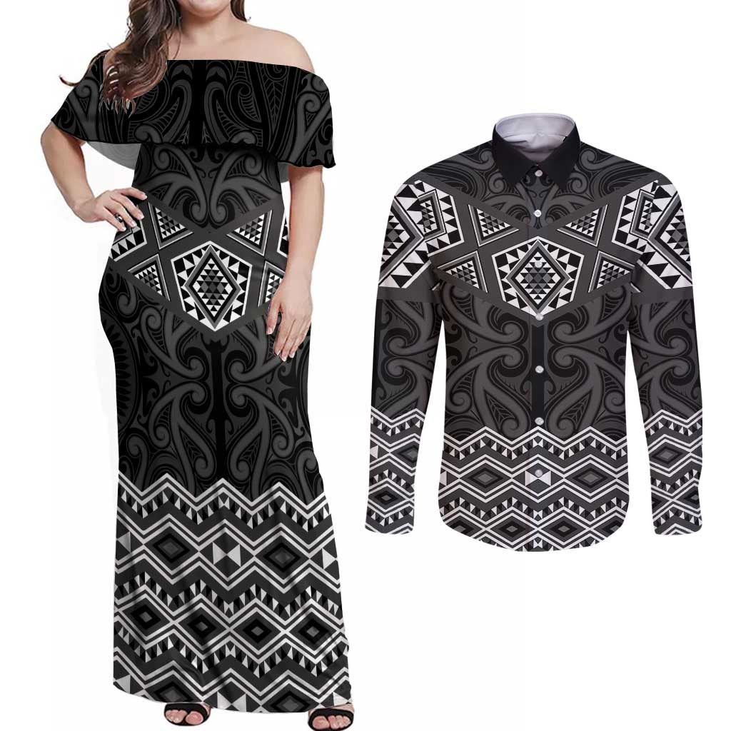 New Zealand Aotearoa Couples Matching Off Shoulder Maxi Dress and Long Sleeve Button Shirt Black Taniko Art Maori Pattern LT05 Black - Polynesian Pride