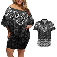 New Zealand Aotearoa Couples Matching Off Shoulder Short Dress and Hawaiian Shirt Black Taniko Art Maori Pattern LT05 Black - Polynesian Pride