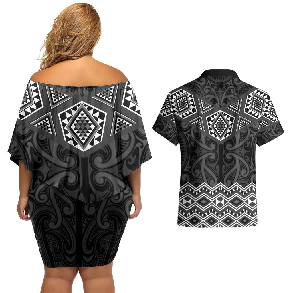New Zealand Aotearoa Couples Matching Off Shoulder Short Dress and Hawaiian Shirt Black Taniko Art Maori Pattern LT05 - Polynesian Pride