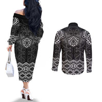 New Zealand Aotearoa Couples Matching Off The Shoulder Long Sleeve Dress and Long Sleeve Button Shirt Black Taniko Art Maori Pattern LT05 - Polynesian Pride