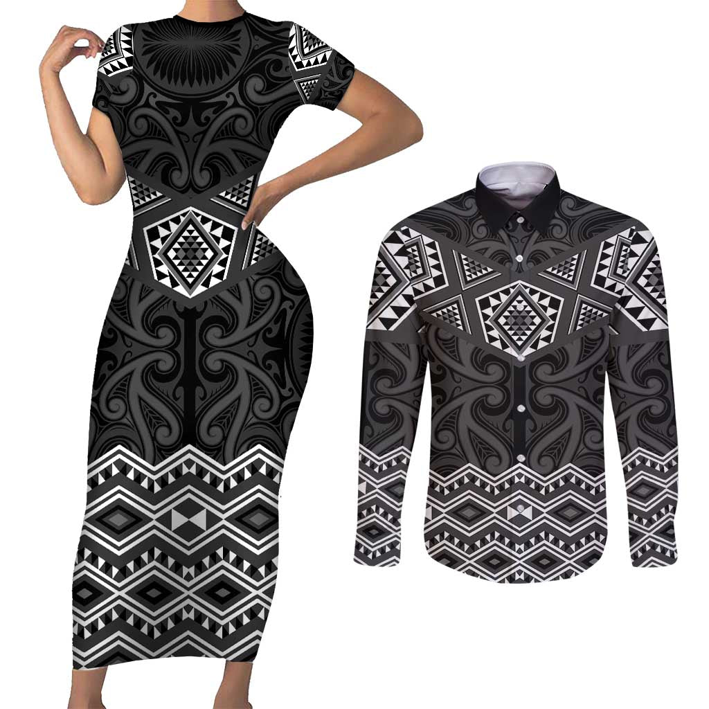 New Zealand Aotearoa Couples Matching Short Sleeve Bodycon Dress and Long Sleeve Button Shirt Black Taniko Art Maori Pattern LT05 Black - Polynesian Pride
