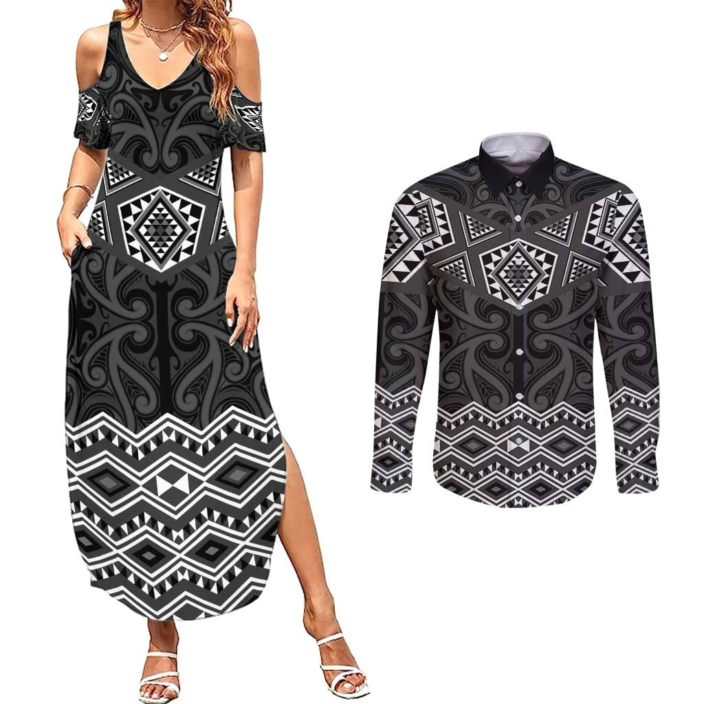 New Zealand Aotearoa Couples Matching Summer Maxi Dress and Long Sleeve Button Shirt Black Taniko Art Maori Pattern LT05 Black - Polynesian Pride
