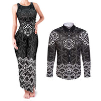 New Zealand Aotearoa Couples Matching Tank Maxi Dress and Long Sleeve Button Shirt Black Taniko Art Maori Pattern LT05 Black - Polynesian Pride