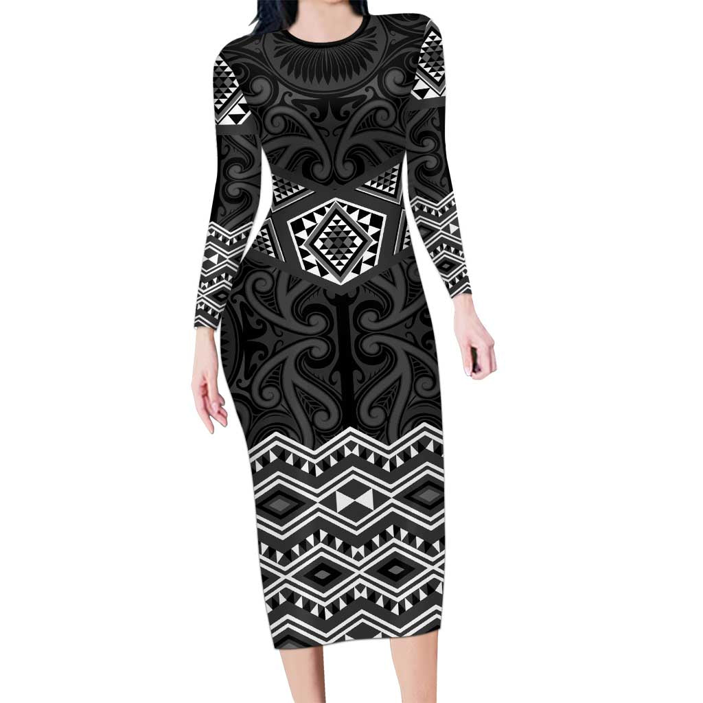 New Zealand Aotearoa Family Matching Long Sleeve Bodycon Dress and Hawaiian Shirt Black Taniko Art Maori Pattern LT05 Mom's Dress Black - Polynesian Pride