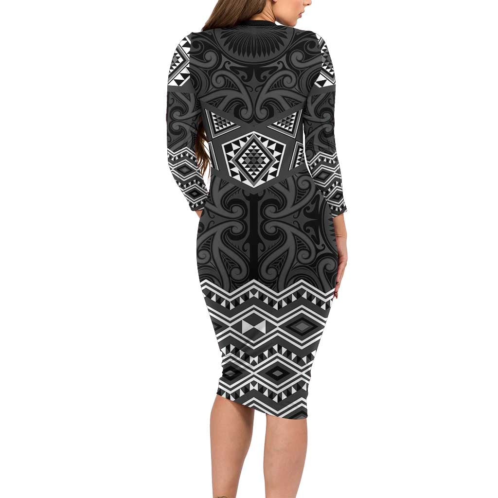 New Zealand Aotearoa Family Matching Long Sleeve Bodycon Dress and Hawaiian Shirt Black Taniko Art Maori Pattern LT05 - Polynesian Pride
